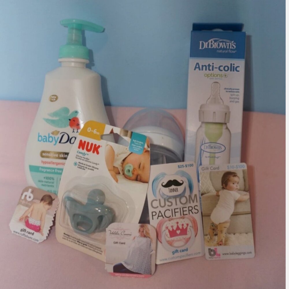 Baby Welcome Kit: Bottles, Baby Dove soap, Nuk pacifier, gift cards, value $210